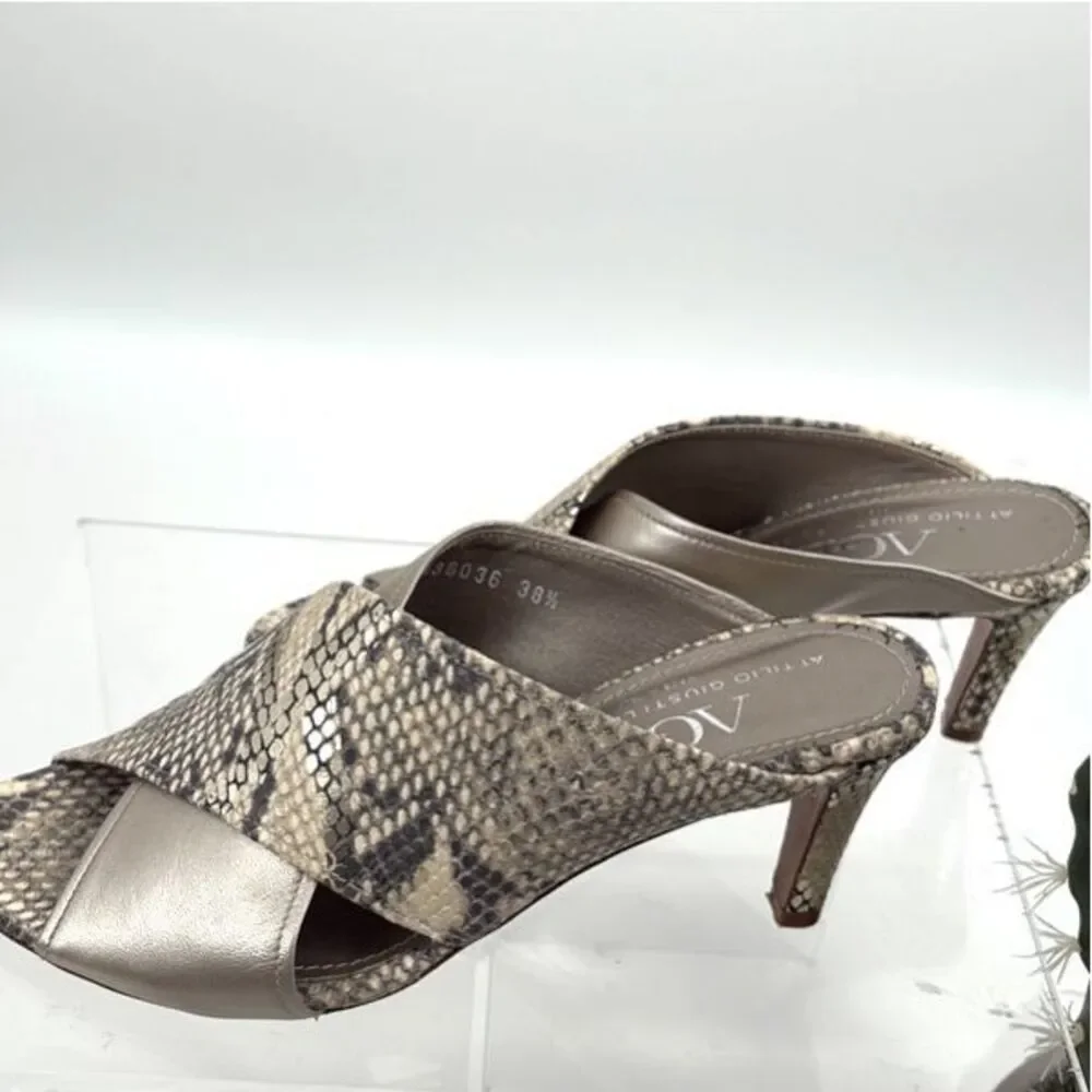 AGL Snakeskin Peep Toe Slip-On Heeled Strappy Sandal Brown Gold‎ 38.5/8